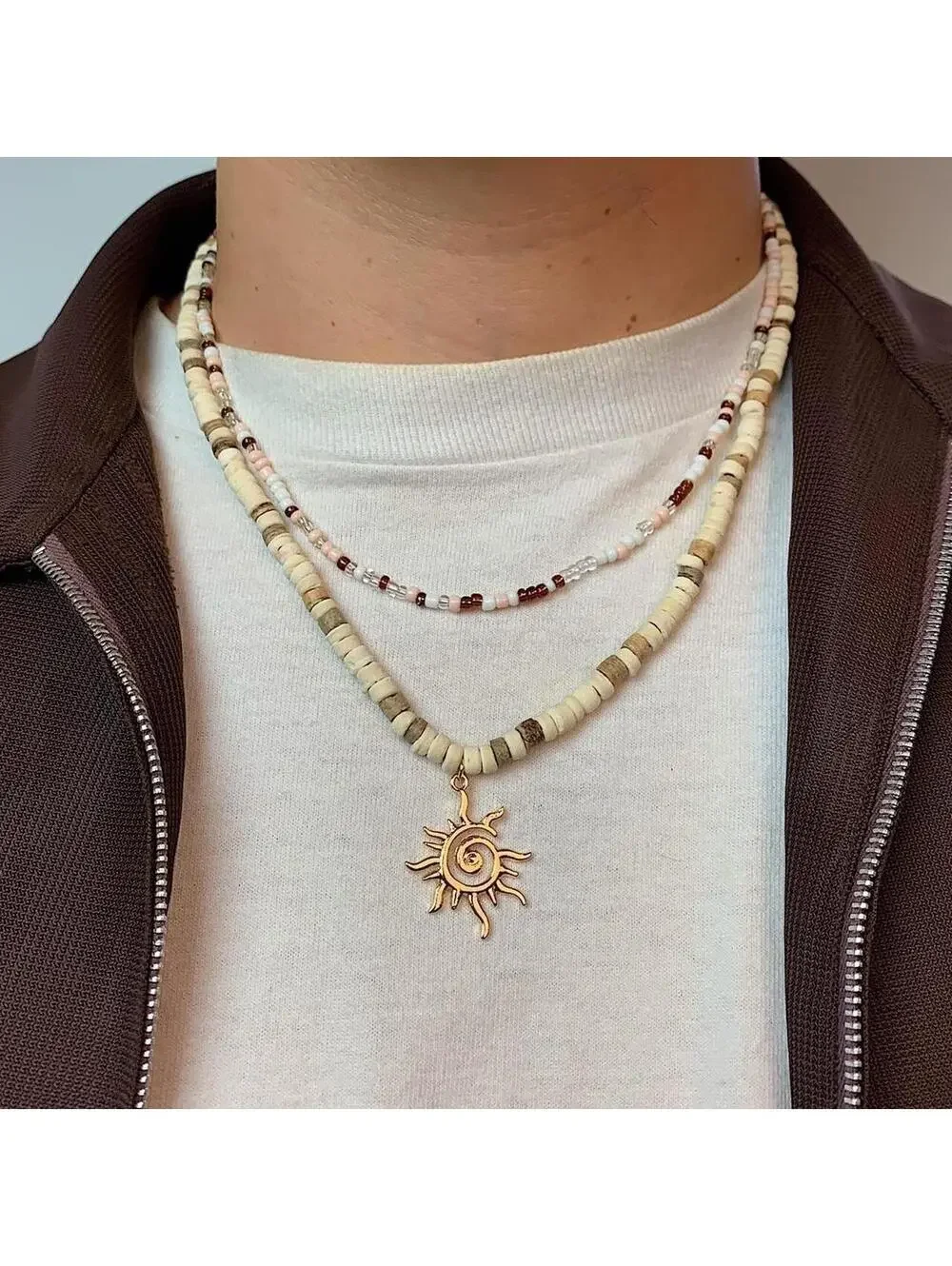 Y2k 2000s style Wood Beaded double layer Necklace with Cyber Star Sun Pendant